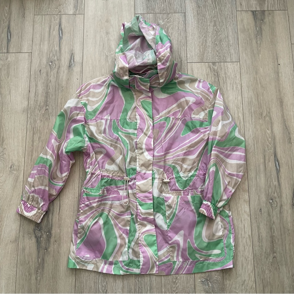 ASOS Design Printed Rain Jacket Pink and Green size 6